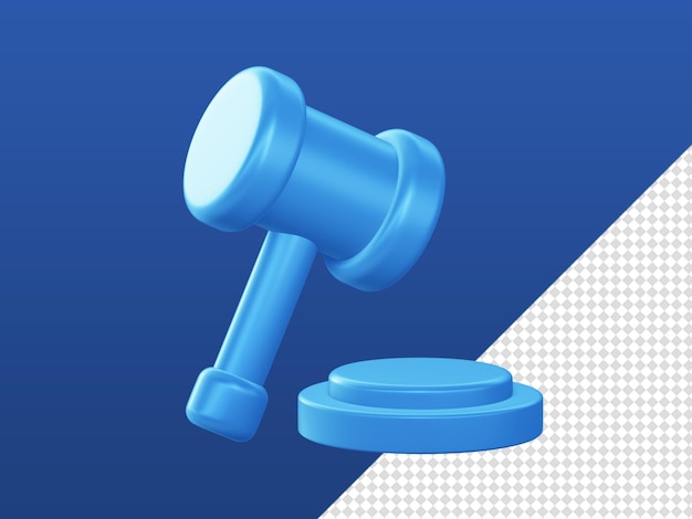 Rendering di cartoni animati 3d icone del martello del giudice della giustizia blu per ui ux web app mobili annunci social media design