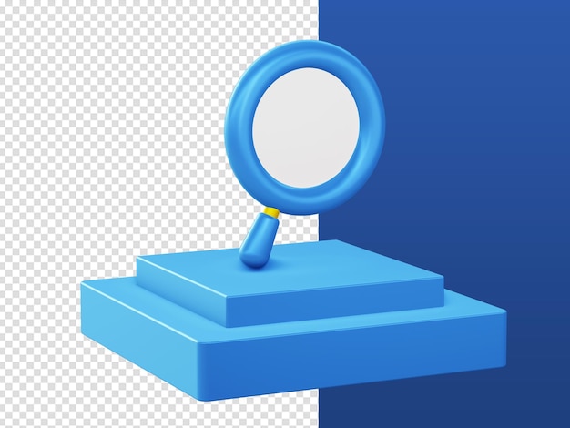 3d cartoon render blue magnifying glass search icons with podium for ui ux web mobile apps designs