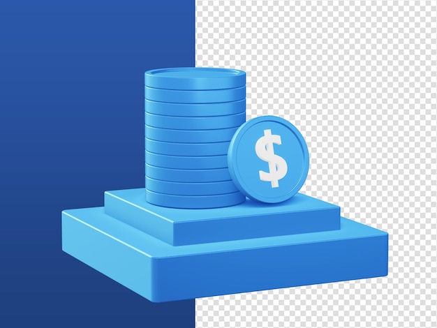 3d漫画は、uiuxwebモバイルアプリの広告デザインの表彰台で青いお金のコインの金融アイコンをレンダリングします