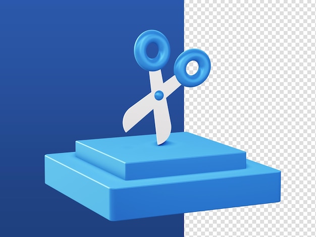 PSD 3d cartoon render blue scissors cut icons with podium for ui ux web mobile apps ads designs