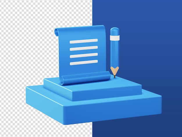 3d 만화는 Ui Ux 웹 모바일 앱 디자인을 위한 연단이 있는 파란색 스크롤 종이 메모 연필 아이콘을 렌더링합니다.