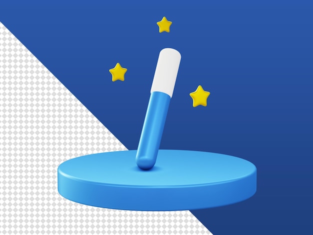 3d cartoon render glossy magic tool stick with podium icons for ui ux web mobile apps social media