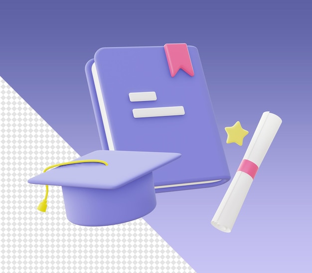 3D-cartoon render paarse onderwijs- en afstudeerpictogrammen voor UI UX web mobiele app sociale media-ontwerp