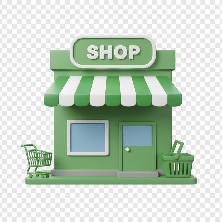PSD иллюстрация 3d-магазина мультфильмов с корзиной и корзиной для покупок