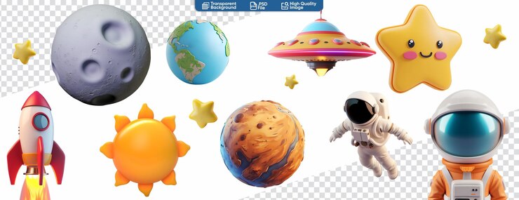 PSD 3d cartoon space elements rocket ufo astronaut star planet sun earth