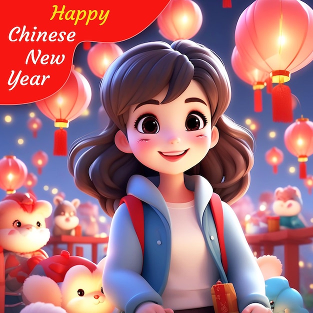 PSD 3d cartoon style chinese girl with chinese new year lanterns