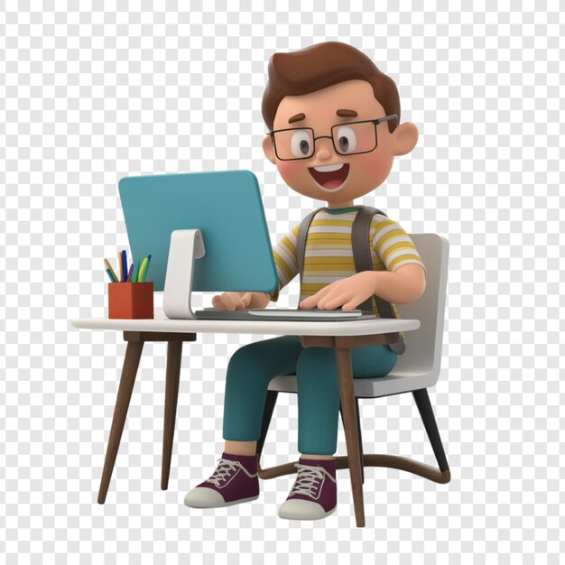 3d cartoon style freelancer seating on computer desk isolated on transparent background