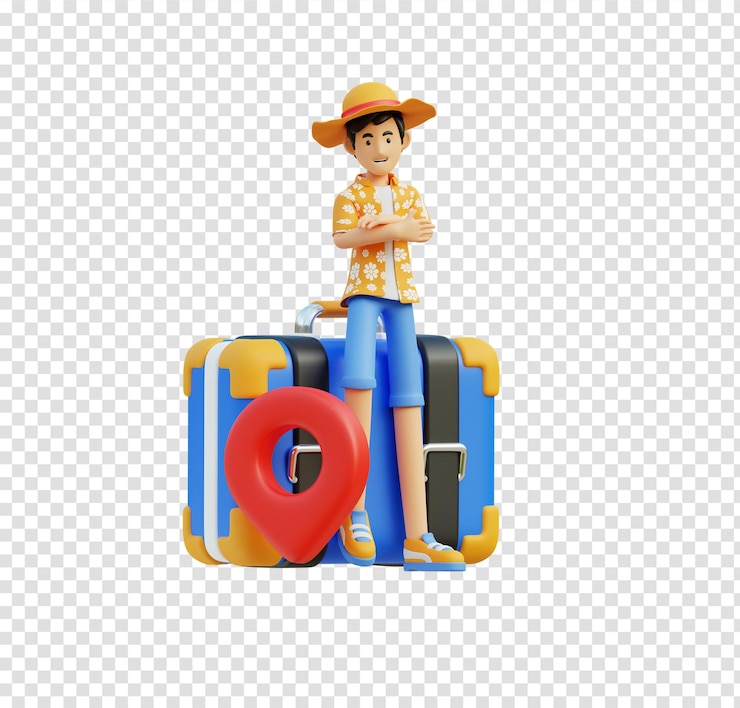 PSD 짐과 위치 핀을 가진 3d 만화 여행자