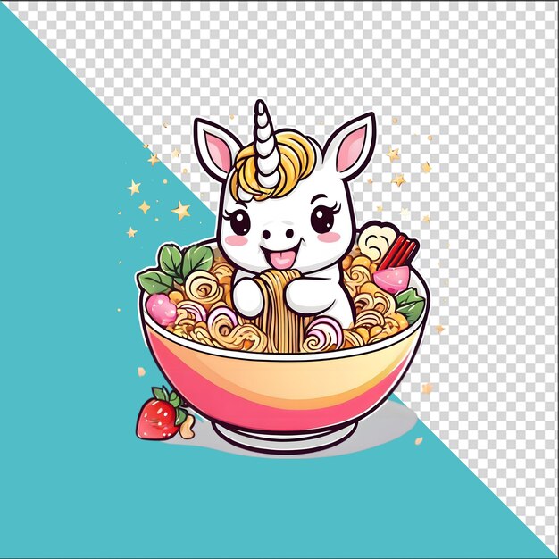 PSD 3d cartoon unicorn in a bowl of ramen noodles with a transparent background