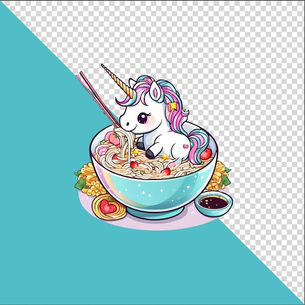 PSD 透明な背景のラーメンヌードルのボウルに3dアニメのユニコーン