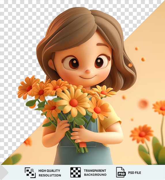 3d-cartoon van een bloemist die een boeket oranje en gele bloemen in een blauwe vaas met een pop en bruin haar op de achtergrond tegen een witte muur rangschikt