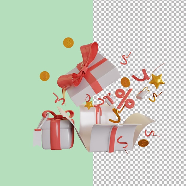 3d cartoon verrassing kerst geschenkdoos open doos geïsoleerde renderings premium psd