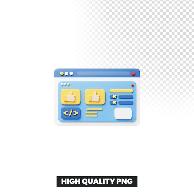 3D Cartoon Webpage Interface with Like Buttons and Code Icon