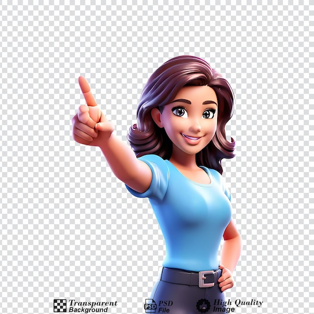 3d cartoon woman pointing finger half body isolated on transparent background