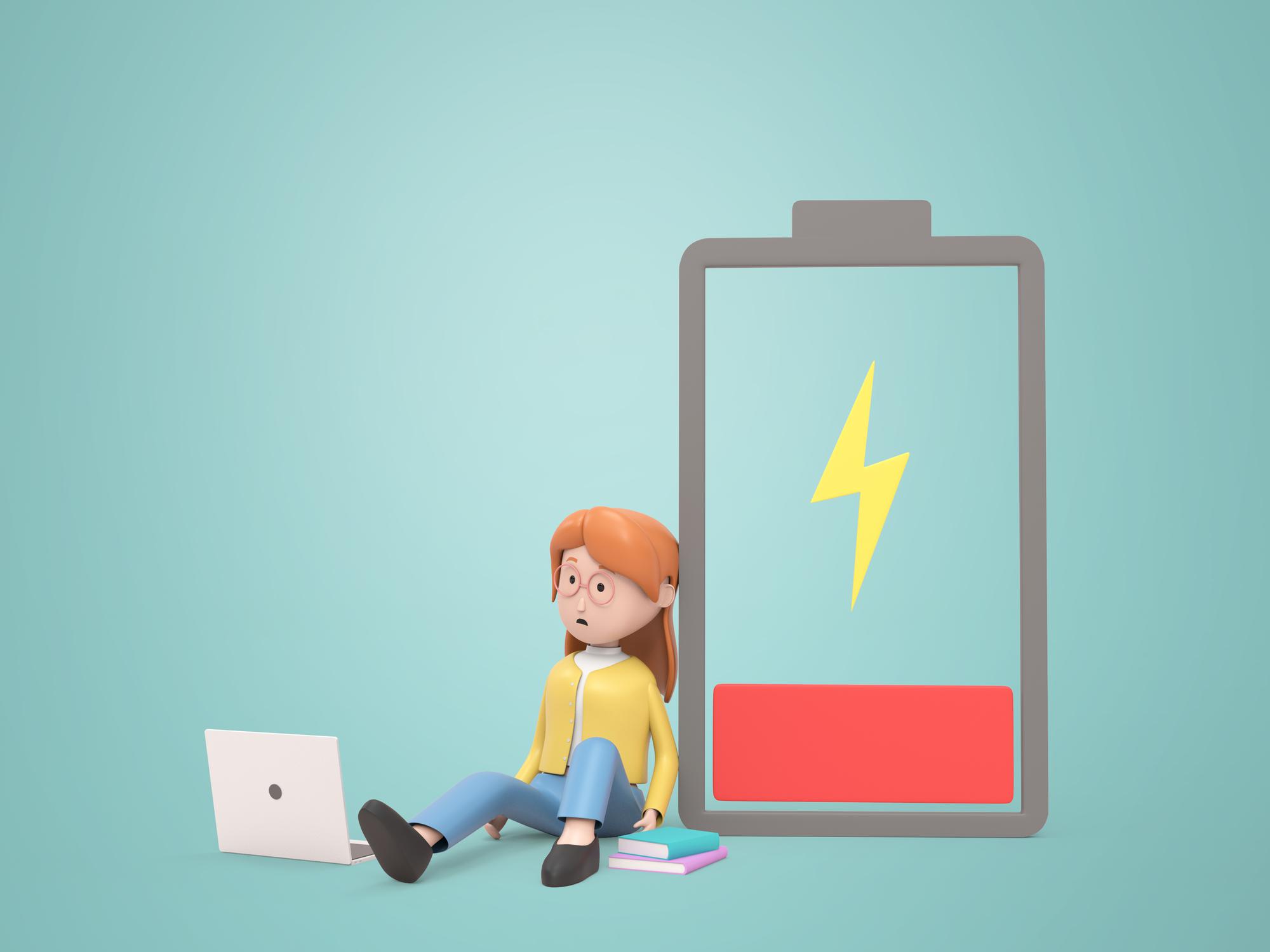 Premium PSD | 3d cartoon woman working with tablet and the battery is dead and draining Premium PSD | 3d cartoon woman working with tablet and the battery is dead and draining