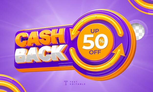 3d Cashback label with arrows and neon 50 percentage off