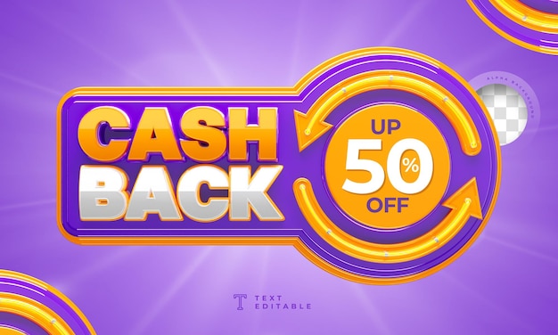 PSD etichetta 3d cashback con frecce e neon 50% di sconto