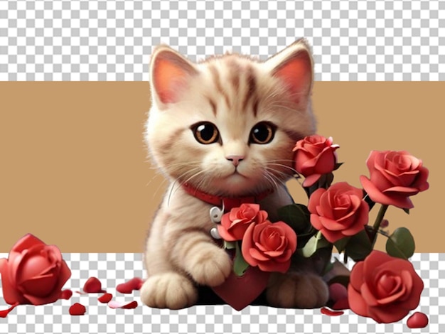 PSD 3d cat holding a red flowers