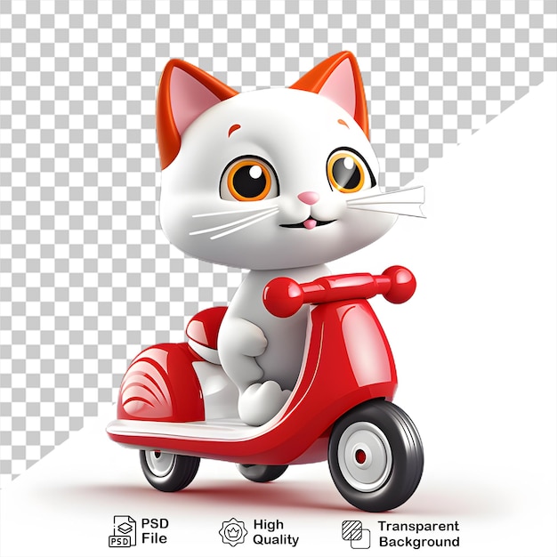 PSD un gatto 3d guida una motocicletta isolata su uno sfondo trasparente bianco e rosso