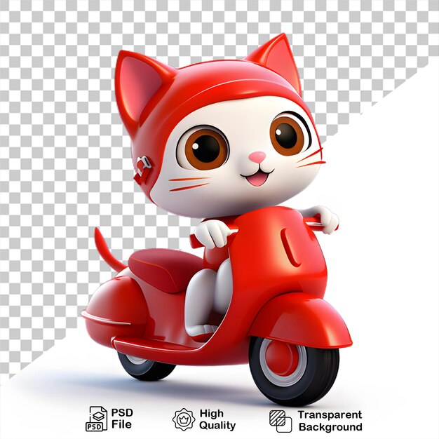 PSD un gatto 3d guida una motocicletta isolata su uno sfondo trasparente bianco e rosso