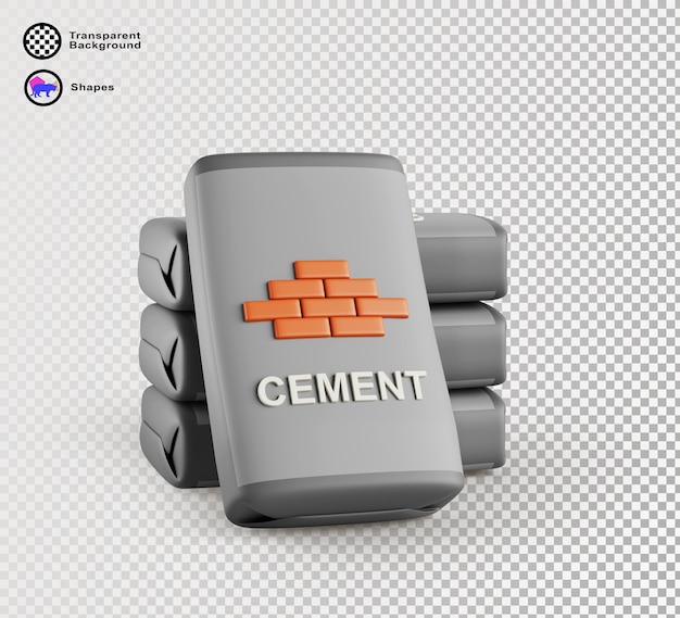 3d cement bags stack Construction powder sacks gray paper package with brick print and letters isolated on white background Cartoon building material for concrete production render
