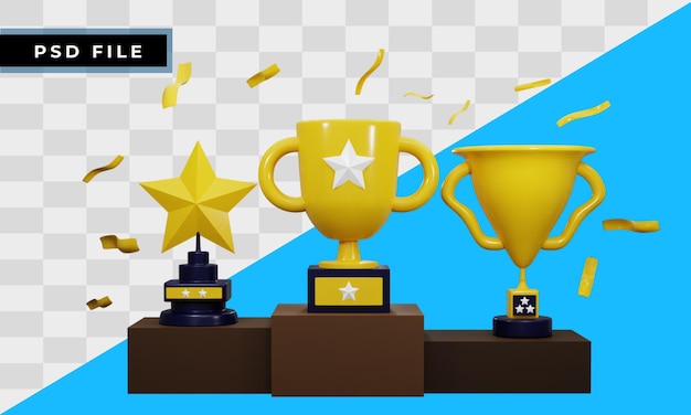 3D Champion Trophy cup set icon with podium isolated in white background. 3D rendering illustration