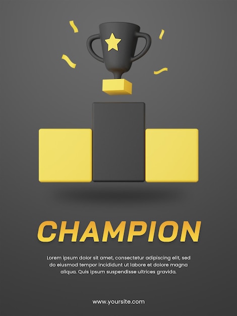 PSD 3d champion trophy with dark theme poster design template