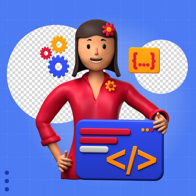 3d character a women of programmer with html sign