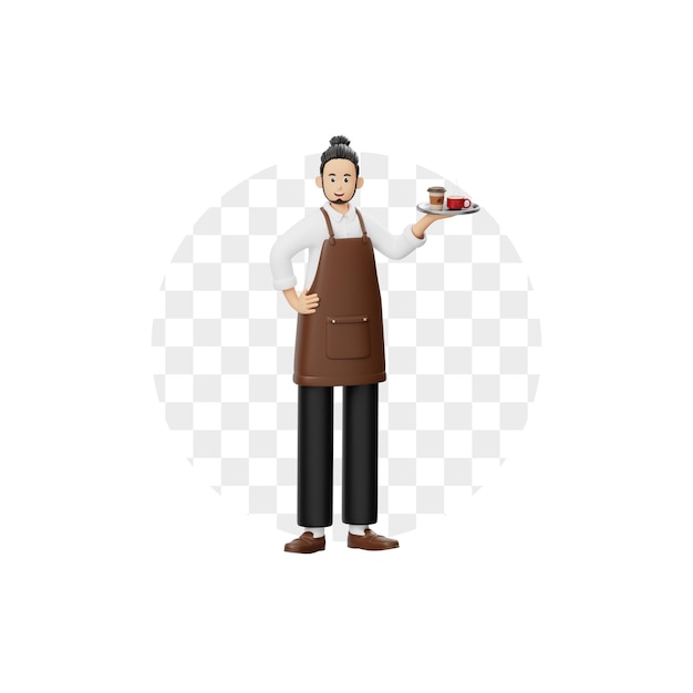 3D 캐릭터 바리스타가 커피를 가져옵니다.