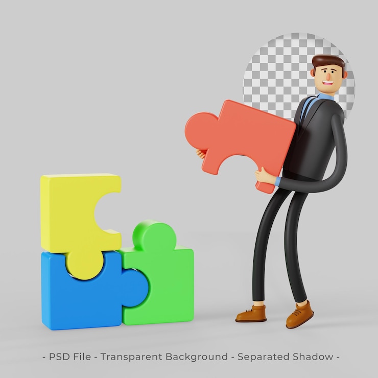 PSD 3d character of business man completing jigsaw puzzle as part of teamwork