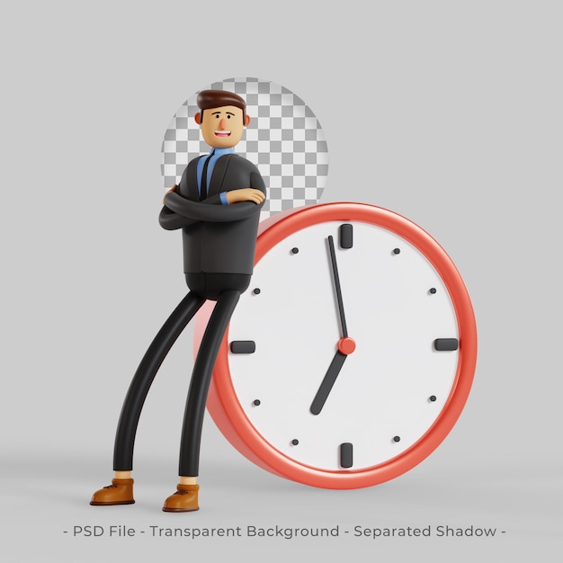 赤い大時計に座るビジネスマンの3dキャラクター