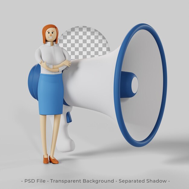 ビジネスウーマンとビッグメガホンの3Dキャラクター