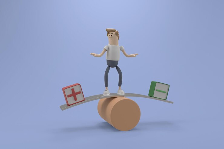 PSD 3d персонаж бизнесмен балансирует позитивные и негативные мысли в бизнесе