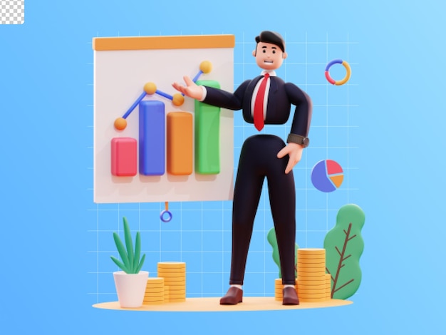 PSD 3d character businessman illustration with presentation board