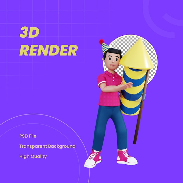 PSD 3d character carrying rocket firecracker