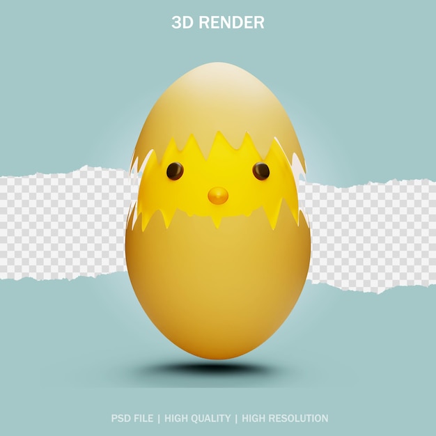 3d character chick in the egg with transparent background