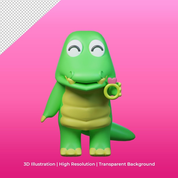 3d character of cute crocodile holding ring