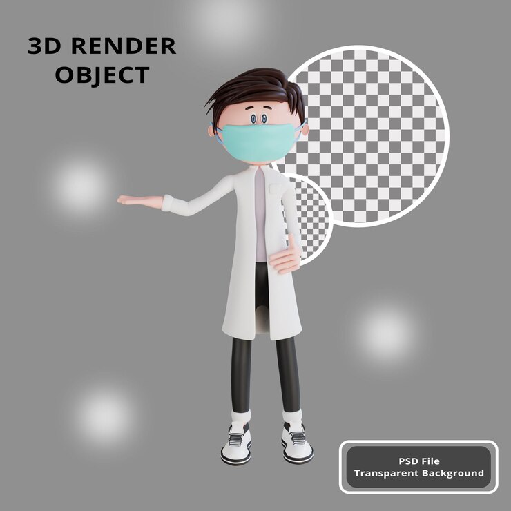 PSD 3d character doctor rising right hand pose illustration object