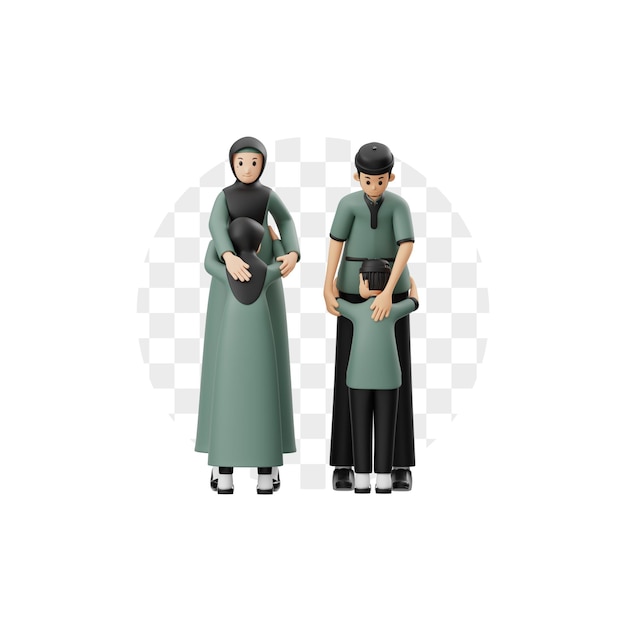 PSD 3d character family hugging on eid mubarak