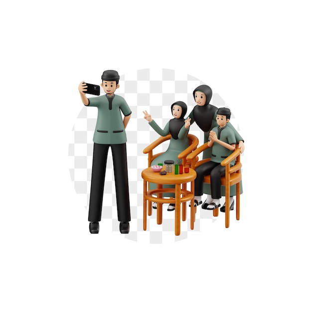 3D Character Family Taking a Selfie