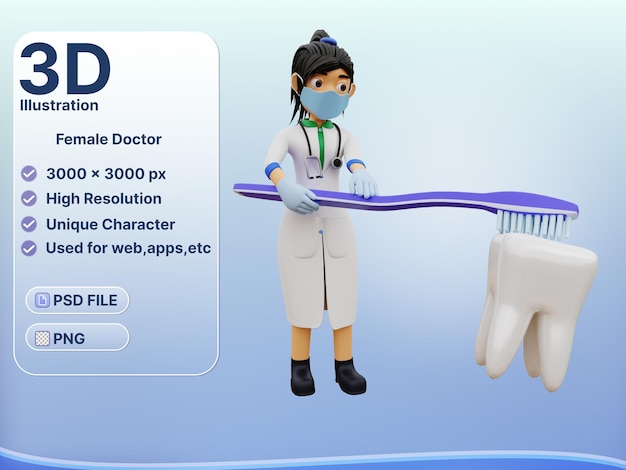 PSD 3d character female dentist cleaning teeth