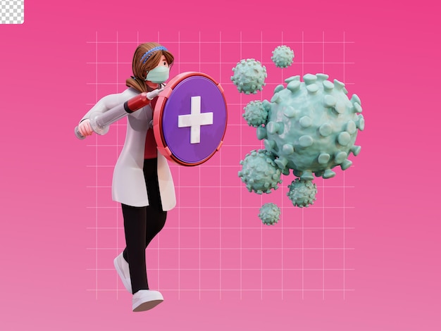 3d character female doctor illustration fight against virus