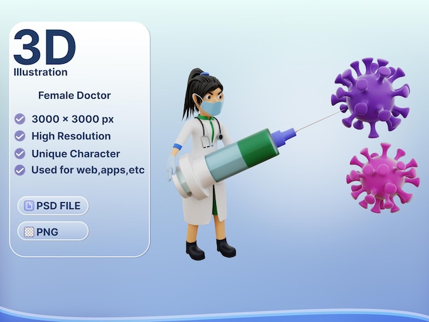 PSD 3d character female doctor protects the body from viruses