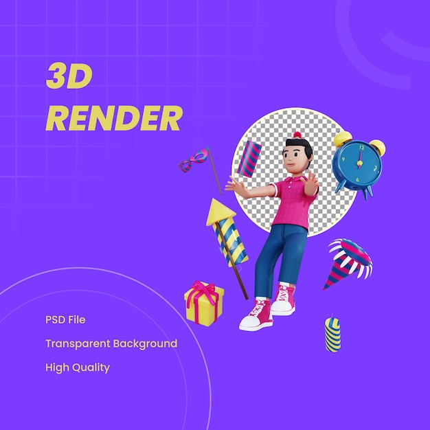 PSD 새해 요소와 함께 떠있는 3d 캐릭터