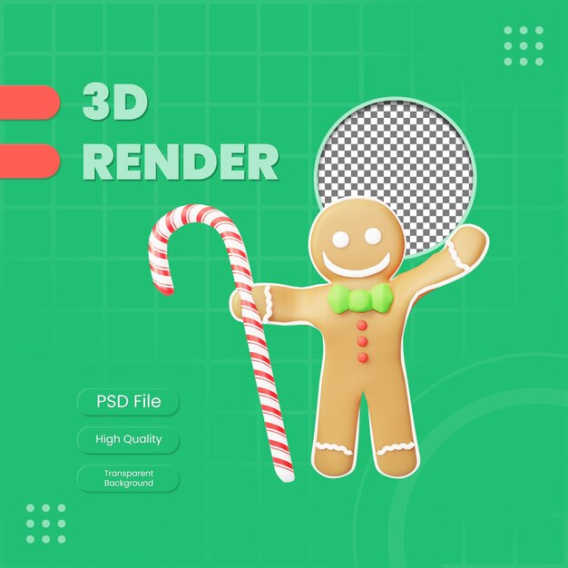 PSD キャンディケインのイラストを保持している3dキャラクタージンジャーブレッド