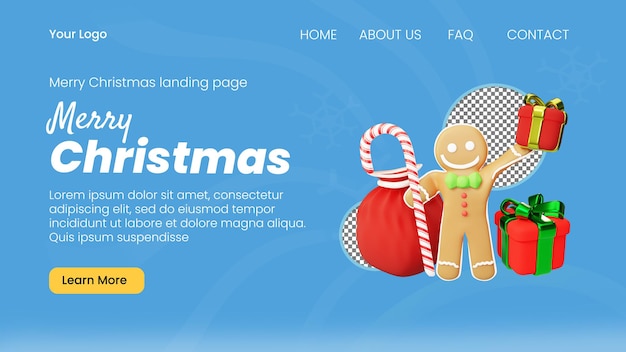 PSD 3d character gingerbread holding gift box landing page template