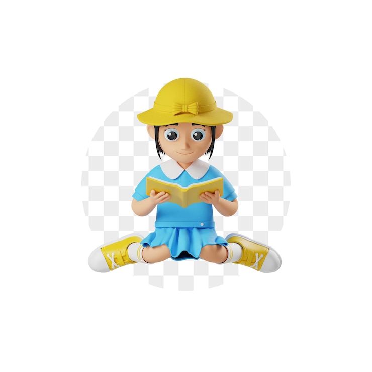 PSD 3d character girl kindergarten reading a book