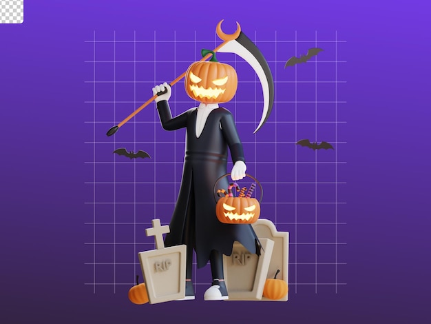 PSD 3d character halloween jack lantern illustration with grave and scythe