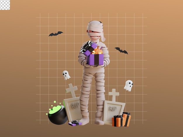 3d character halloween mummy illustration bring a giftbox