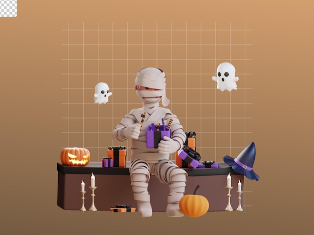 3d character halloween mummy illustration open surprise giftbox